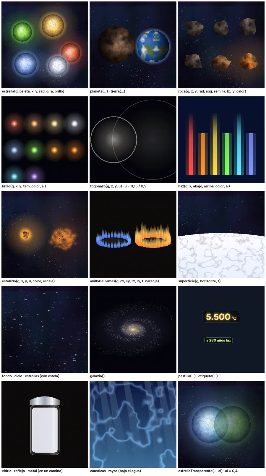 Lámina del kit de dibujo: estrellas de colores, planetas, la Tierra, rocas, brillos, haces de luz, estallidos, llamas, superficies, galaxia, etiquetas, vidrio y metal, agua y transparencias