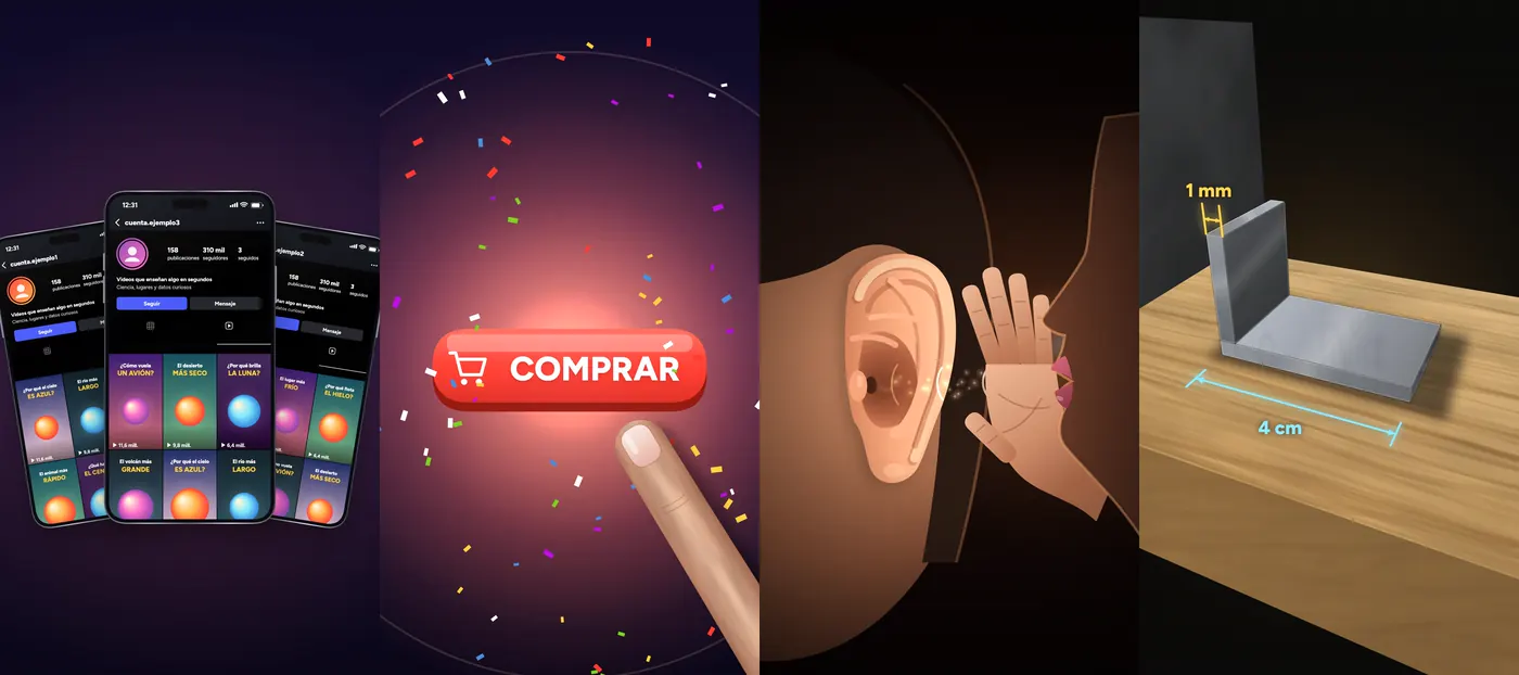 Lámina de piezas: tres celulares con perfiles, un botón COMPRAR con confeti, una oreja con una mano que susurra y una pieza de metal con sus medidas
